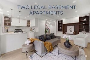 Modern legal basement apartment with open-concept living room, kitchen, custom built-ins and contemporary finishes.