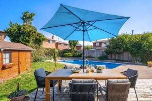 Backyard entertaining space with outdoor dining area, swimming pool, patio and storage shed.