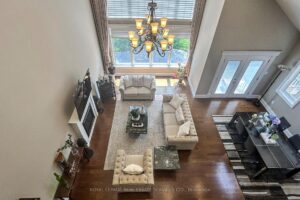 Dramatic overhead view of the two-storey great room and open-concept main floor.