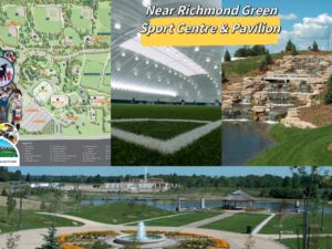 Community highlights featuring Richmond Green Sports Centre, parks, and nearby amenities.