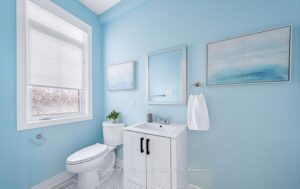 Main-floor powder room with blue accent walls, pedestal vanity, and large window.