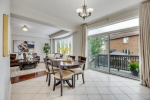 Breakfast area at 2249 Glazebrook, Mississauga, overlooking the backyard with sliding doors leading to the deck.