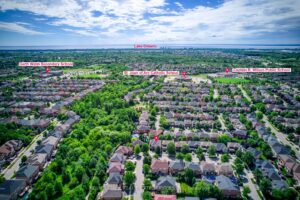 Aerial view of 2249 Glazebrook, Mississauga, highlighting nearby schools, parks, and Lake Ontario.