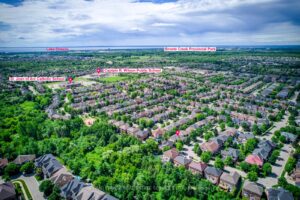 Aerial neighbourhood view of 2249 Glazebrook, Mississauga, showcasing Bronte Creek Provincial Park and nearby schools.