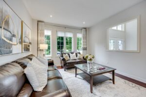 Spacious living room at 2249 Glazebrook, Mississauga, offering elegant finishes and beautiful views of the front gardens.