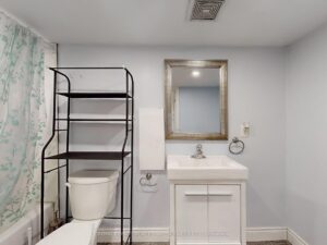 Updated bathroom with vanity, mirror, and shower featuring a patterned curtain.