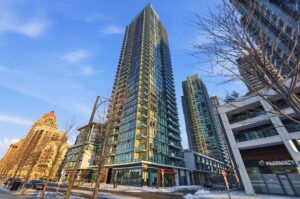 Exterior view of the modern high-rise condominium at 4099 Brickstone Mews.