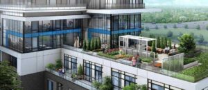 Outdoor rooftop amenity terrace with landscaped seating areas and resident lounge space.