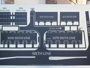 Community site plan illustrating the layout of the Sixth Line townhouse development.