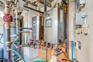 Updated building mechanical room featuring modern boilers, plumbing, and heating equipment.
