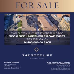 Marketing flyer for 320 & 322 Lakeshore Road West featuring two 11-unit apartment buildings for sale in Mississauga, Ontario.