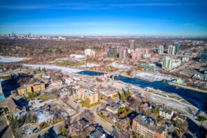 Aerial view of downtown Oakville, Sixteen Mile Creek, the marina and the Lake Ontario waterfront.
