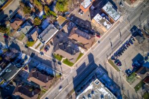 Aerial view along Lakeshore Road West toward downtown Port Credit and the Lake Ontario waterfront.