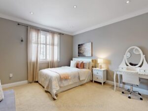 Comfortable bedroom with plush carpeting, large window.
