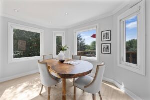 Bright breakfast nook with bay windows overlooking the backyard.