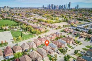 Aerial neighbourhood view highlighting the location of the home near parks and surrounding amenities.