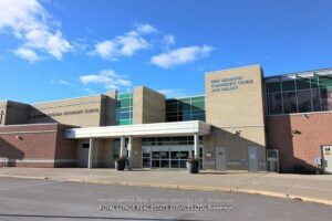 Entrance to a nearby community recreation centre and public library.