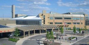 Exterior view of Credit Valley Hospital located minutes from the property.