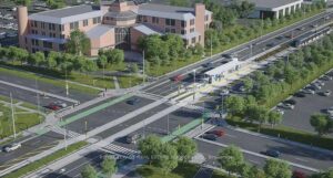 Aerial view showcasing nearby roads, transit, and surrounding neighbourhood amenities.