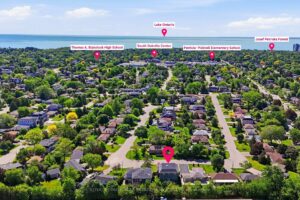 Elevated aerial view of the surrounding neighbourhood with nearby green space and amenities.